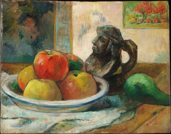 Reproduction of Still Life with Apples, a Pear, and a Ceramic Jug by Paul Gauguin. Artwork details visible.