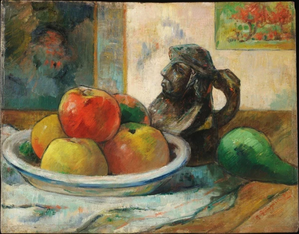 Reproduction of Still Life with Apples, a Pear, and a Ceramic Jug by Paul Gauguin. Artwork details visible.