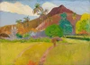 Tahitian Landscape reproduction by Paul Gauguin. The artwork features mountains, palm trees, and a pathway.