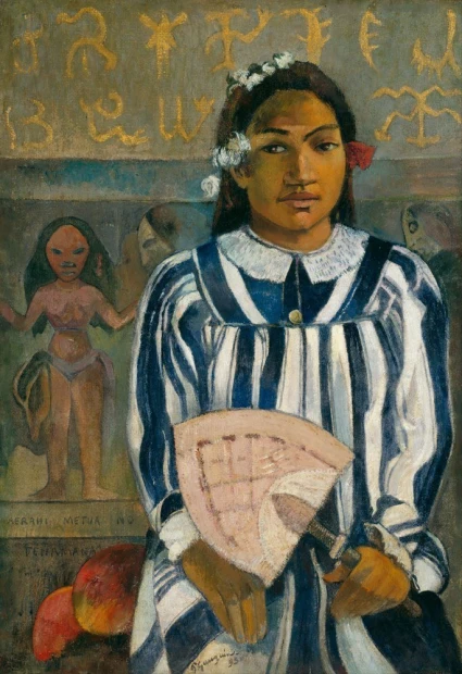 Reproduction of The Ancestors of Tehamana by Paul Gauguin - Graphic design featuring a woman in a striped outfit holding a fan.