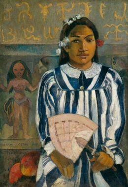 Reproduction of The Ancestors of Tehamana by Paul Gauguin - Graphic design featuring a woman in a striped outfit holding a fan.