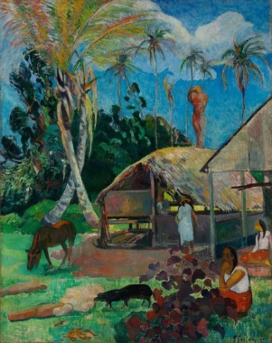 Reproduction of The Black Pigs by Paul Gauguin. The artwork features a landscape with palm trees, a house, and figures.