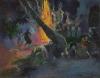 Reproduction of The Fire Dance by Paul Gauguin. The artwork depicts figures dancing around a fire in darkness.