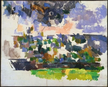 Reproduction of The Garden at Les Lauves by Paul Cezanne - A graphic design featuring abstract green shapes.