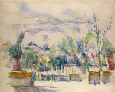 Reproduction of The Terrace at the Garden at Les Lauves by Paul Cezanne. The image features potted plants.