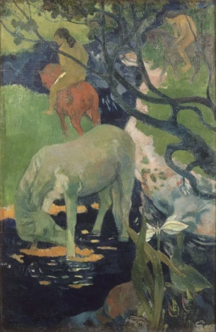 Reproduction of The White Horse by Paul Gauguin. The artwork depicts a horse drinking water with figures on horseback.