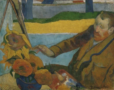 Vincent van Gogh reproduction of sunflowers, featuring a man painting sunflowers in a vase.