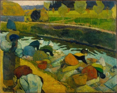 Reproduction of Washerwomen by Paul Gauguin. The image depicts women by the water, busy washing clothes.