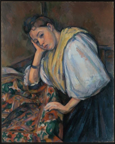 Reproduction of Young Italian Woman at a Table by Paul Cezanne - Room arrangement with warm walls and stylish furniture.