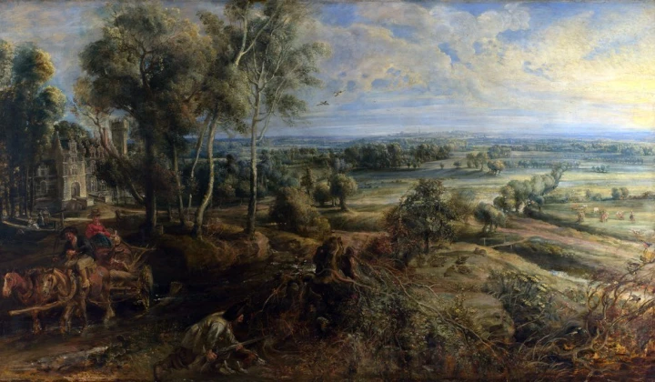 Reproduction of A View of Het Steen in the Early Morning by Peter Paul Rubens. The image depicts a landscape.