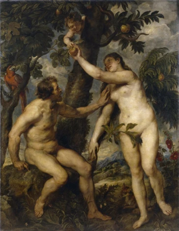Reproduction of Adam and Eve by Peter Paul Rubens. Depicts Adam and Eve in the garden with a fruit tree, colorful design.