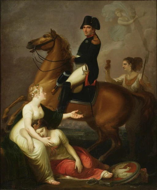 Allegorical scene with Napoleon by Józef Peszka. The artwork depicts Napoleon on horseback, surrounded by elements.