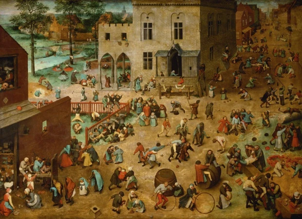Reproduction of Children\'s Games by Pieter Bruegel - Graphic design featuring children playing various games in a village.