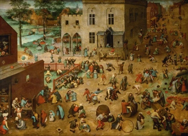 Reproduction of Children\'s Games by Pieter Bruegel - Graphic design featuring children playing various games in a village.