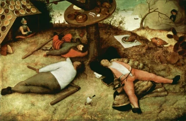 Reproduction of Das Schlaraffenland by Pieter Bruegel - Graphic design featuring figures lying on the ground, surrounded by