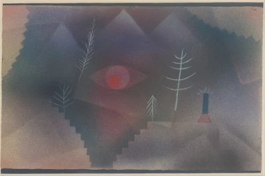 Reproduction of Glance of a Landscape by Paul Klee - Graphic pattern with abstract shapes, eye, trees, and geometric forms.