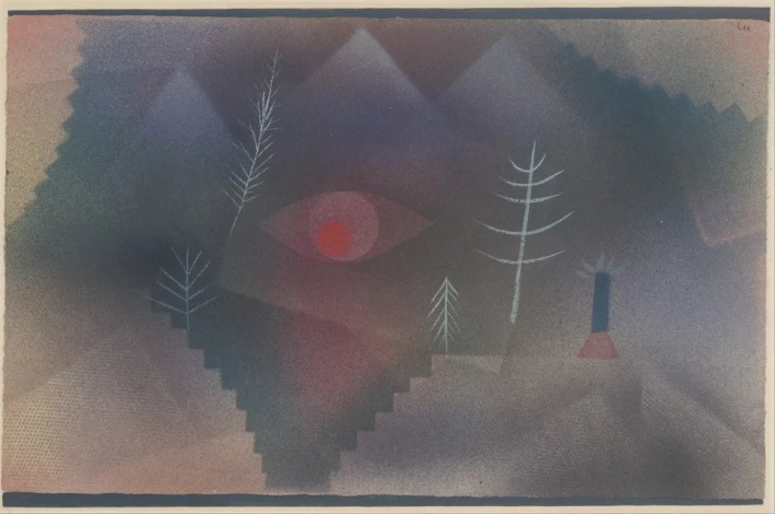 Reproduction of Glance of a Landscape by Paul Klee - Graphic pattern with abstract shapes, eye, trees, and geometric forms.