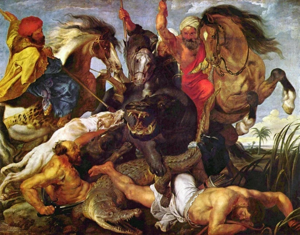Reproduction of Hippopotamus and Crocodile Hunt by Peter Paul Rubens. Scene depicts people in battle.