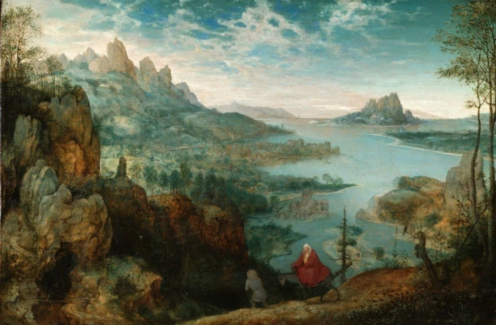 Reproduction of Landscape with the Flight into Egypt by Pieter Bruegel. The image features a mountainous landscape.