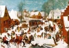Reproduction of Massacre of the Innocents by Pieter Bruegel - Graphic design featuring a winter landscape with people and horses.