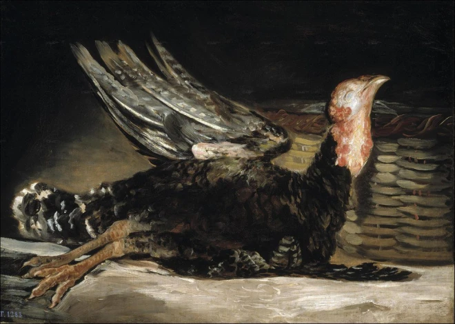 Reproduction of Pavo muerto by Francisco Goya - Graphic design. Still life with turkey against dark tones.