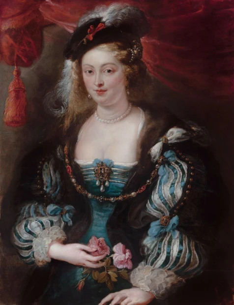 Reproduction of Portrait of a Young Woman by Peter Paul Rubens. Woman in an elegant dress holding flowers, background.