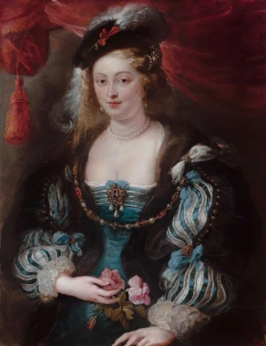 Reproduction of Portrait of a Young Woman by Peter Paul Rubens. Woman in an elegant dress holding flowers, background.