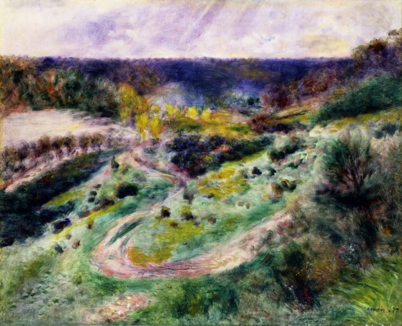 Reproduction of Road at Wargemont by Renoir - A graphic design depicting a landscape with winding roads and greenery.