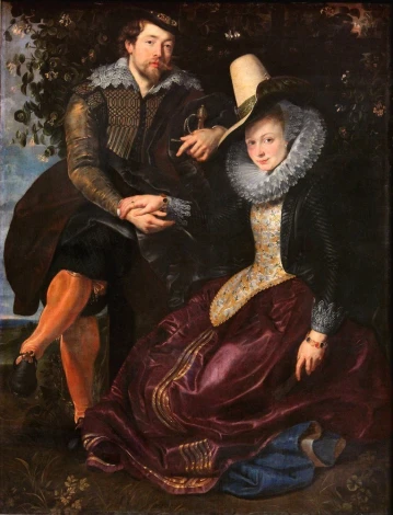 Self-portrait with Isabella Brandt by Peter Paul Rubens - Living room arrangement with dark walls, classic style.