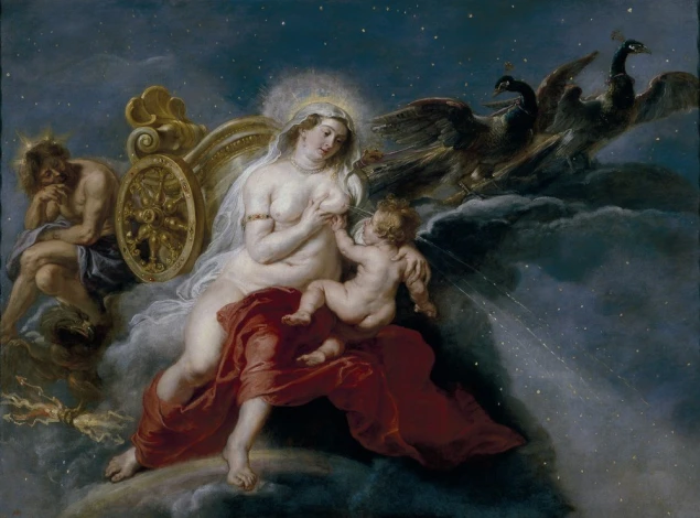 Reproduction of The Birth of the Milky Way by Peter Paul Rubens. Woman and child against a celestial background.