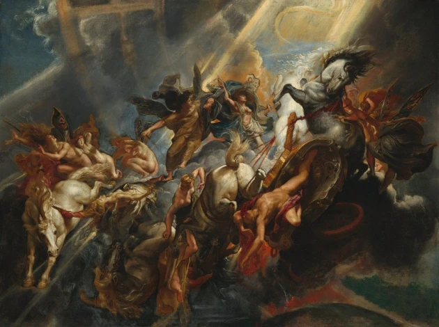 Reproduction of The Fall of Phaeton by Peter Paul Rubens - Graphic design. Dynamic figures in motion with bright rays of light.