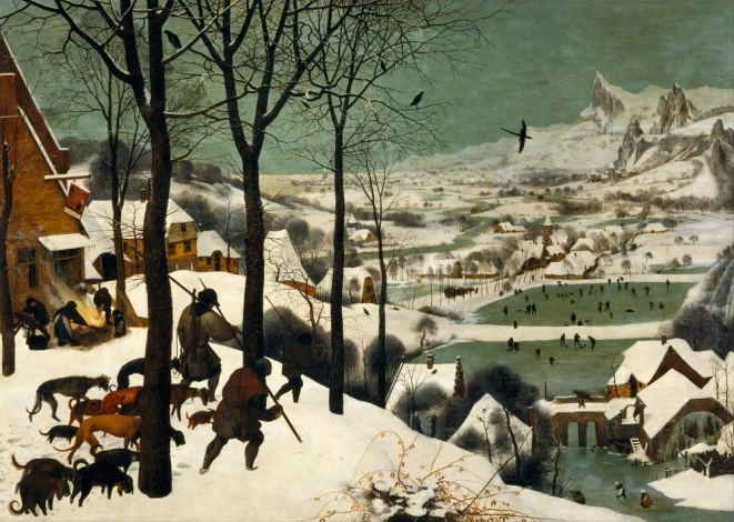 Reproduction of The Hunters in the Snow by Pieter Bruegel. Bright walls and wooden decor in a living room setting.