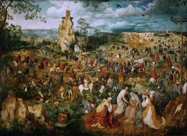 Reproduction of The Procession to Calvary by Pieter Bruegel - Graphic design featuring a crowd in diverse costumes.