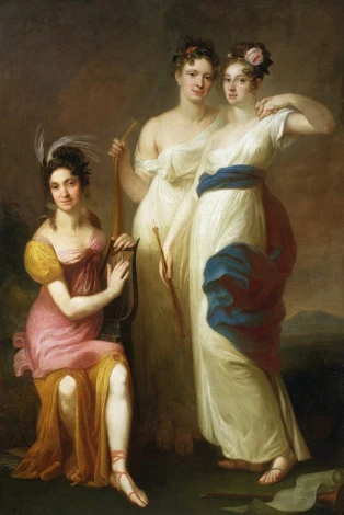 Reproduction of the painting Three Musicians by Józef Peszka. Two standing figures and one seated, in various colored outfits.