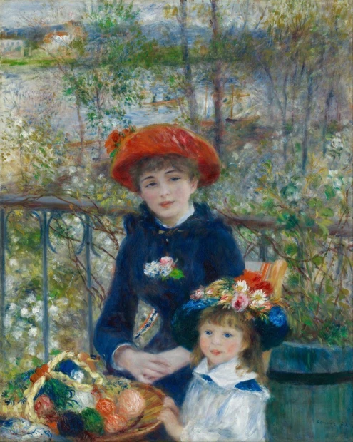 Reproduction of Two Sisters on the Terrace by Renoir - Graphic design featuring two figures in hats, flowers, and a fruit basket.
