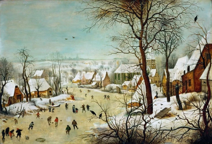 Winter landscape reproduction with skaters and a bird trap by Pieter Bruegel - winter scene with ice skaters.
