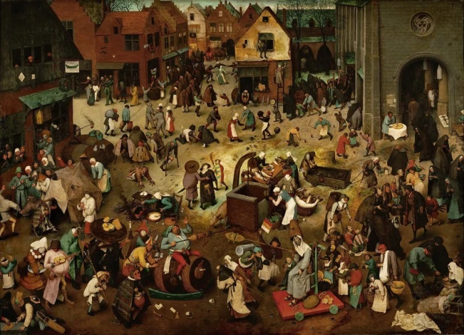 Reproduction of War between Carnival and Lent by Pieter Bruegel - Graphic design featuring a crowd in diverse costumes.