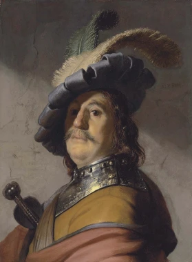 Reproduction of A Man in a Gorget and Cap by Rembrandt. Man in armor with a hat, in profile, holding a sword.