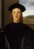 Reproduction of Guidobaldo da Montefeltro by Raphael Santi. Portrait of a man in black attire with a scenic background.