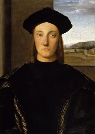 Reproduction of Guidobaldo da Montefeltro by Raphael Santi. Portrait of a man in black attire with a scenic background.