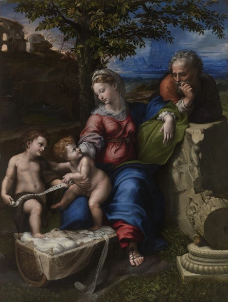 Reproduction of Holy Family under the Oak by Rafael Santi. Features Virgin Mary, Baby Jesus, and St. Joseph.