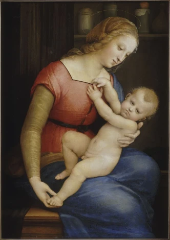 Reproduction of La Madone de la Maison d\'Orleans by Raphael. Features the Virgin Mary and Baby Jesus.