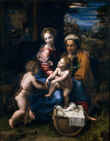 La Perla reproduction by Raphael Santi. Features Madonna with Child and St. Anne in a tree-filled setting.