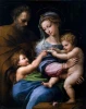 Reproduction of Madonna della Rosa by Raphael Santi - Graphic design featuring Madonna, Saint Joseph, and children in dynamic poses.