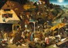 Reproduction of Netherlandish Proverbs by Pieter Bruegel - rural setting with visible houses, figures, and variety.