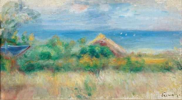 Reproduction of Paysage avec fond de mer by Auguste Renoir. The artwork features a landscape with the sea and greenery.