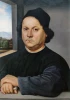 Reproduction of Portrait of a Man by Raphael Santi. Man in black attire with hand on table, landscape in background.