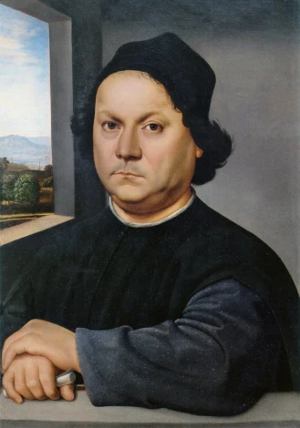 Reproduction of Portrait of a Man by Raphael Santi. Man in black attire with hand on table, landscape in background.