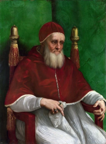 Reproduction of Portrait of Pope Julius II by Raphael Santi. The pope in red attire against a green background.