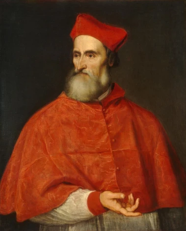 Portrait reproduction of Cardinal Pietro Bembo by Titian. Man in a red cloak with a white shirt and gray hair.